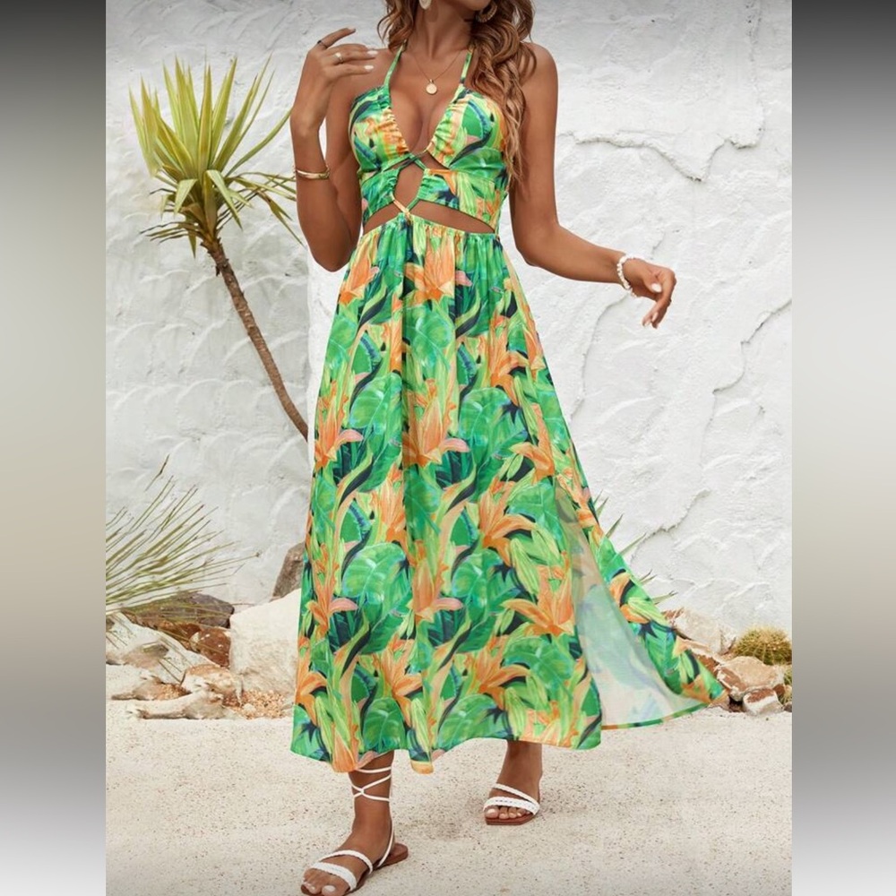 SHEIN Green and Orange Tropical Midi Dress NTW Small